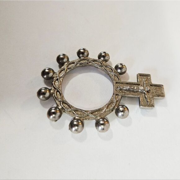 Vintage Italian Pocket Rosary Prayer Ring Crucifix Silver Tone Catholic Cross - Picture 4 of 6